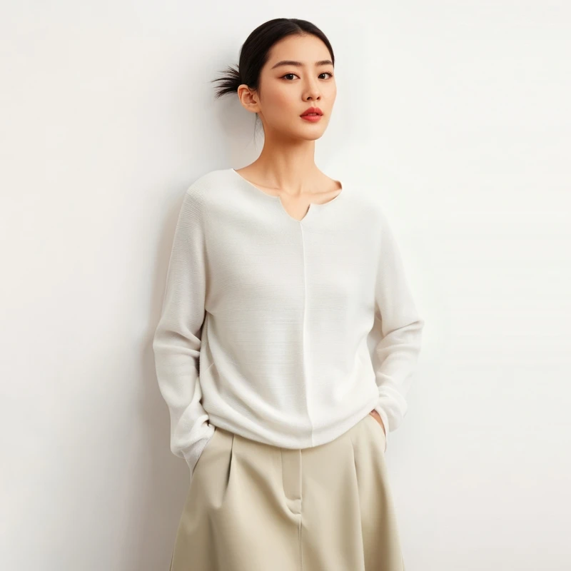 织锦楼100%纯羊毛无缝灯笼袖小V领羊毛衫