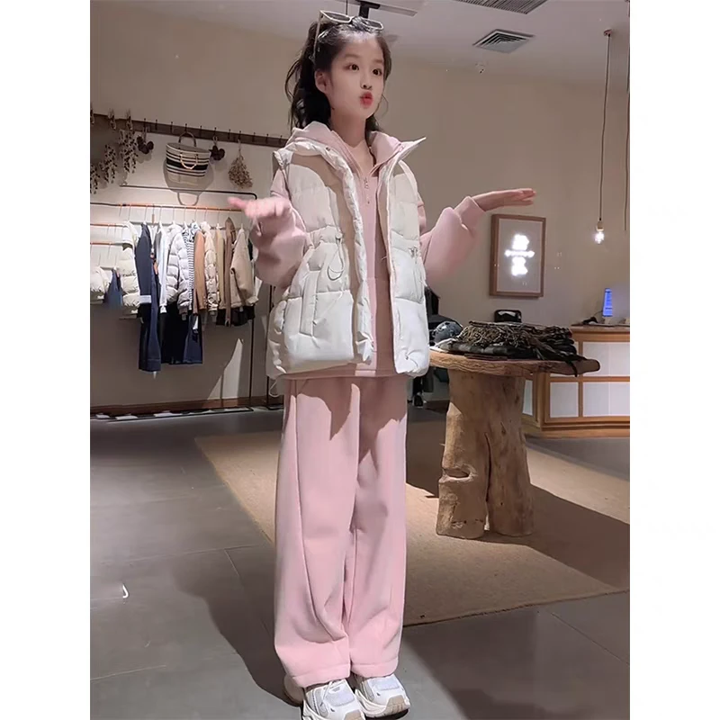 女童套装秋冬装2024新款儿童洋气时髦加绒运动服女大童马甲三件套