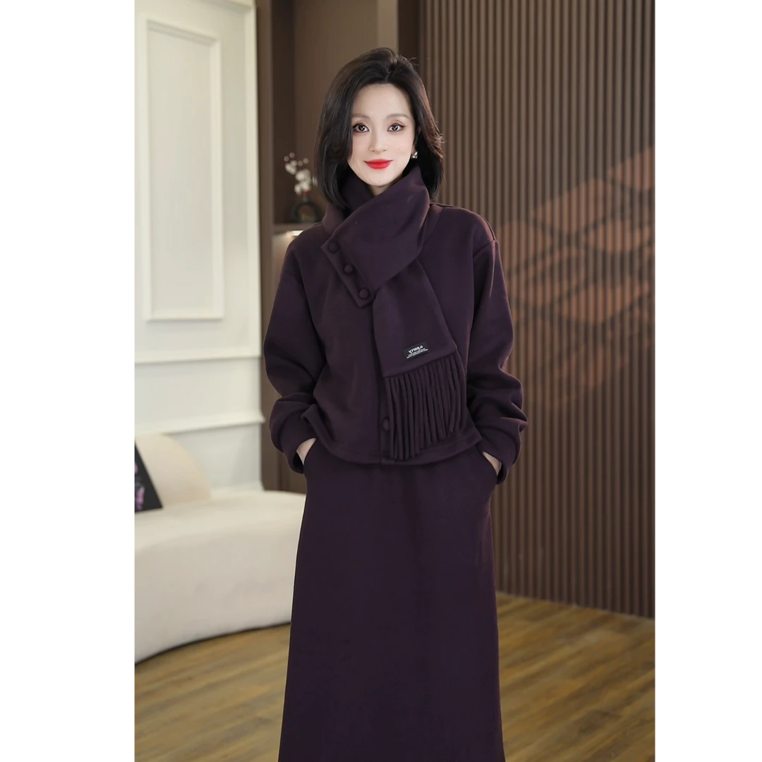 【小爽Shea】羊 毛 加厚围巾领套装冬季法式上衣半身裙围巾三件套