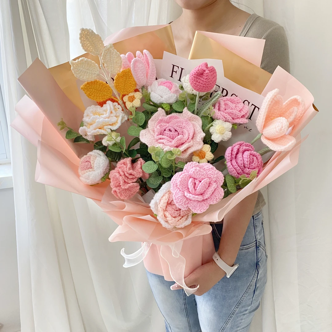 不晚家私人定制手工毛线编织花轻奢永生花花束送朋友结婚闺蜜朋友