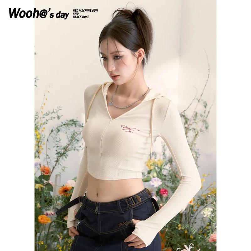 WooHa/吾哈2023春新款女团风运动休闲纯欲辣妹连帽T恤W312025490