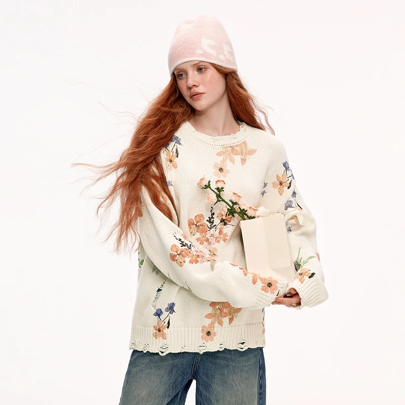 wooha 吾哈2024冬季新款纯棉温柔印花宽松毛衣