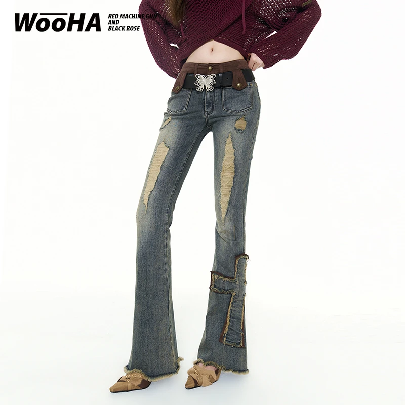 【新品】WooHa/吾哈2023春夏季新款复古修身破洞毛边微喇牛仔裤女