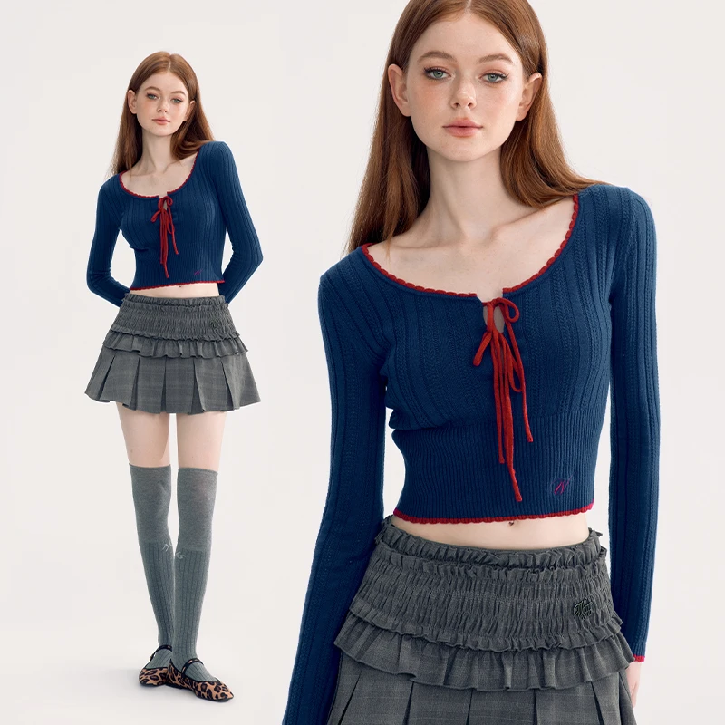 WooHa/吾哈撞色提花宽松毛衣针织衫女