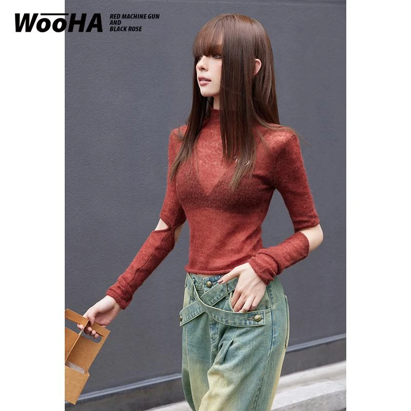 WooHa/吾哈冬季修身显瘦性感时尚百搭内搭半高领微透弹力针织衫女