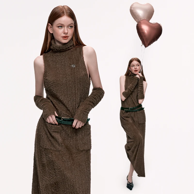 wooha 吾哈2024冬季新款复古高领气质针织连衣裙