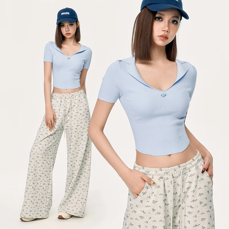 WooHa/吾哈夏季新款V字小翻领纯欲短袖T恤女