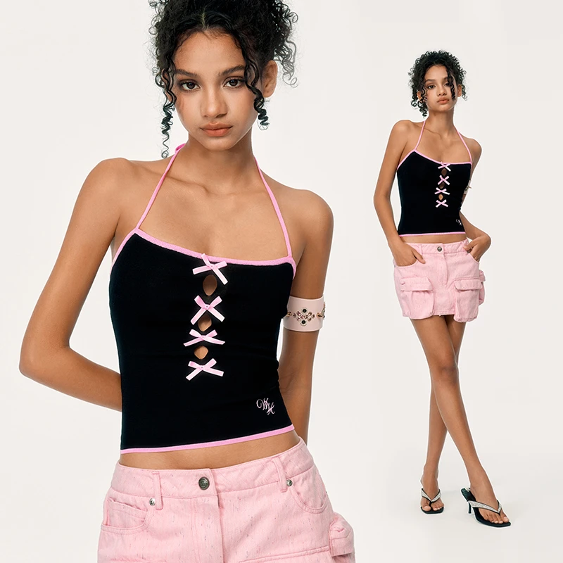 WooHa/吾哈夏新款镂空蝴蝶结辣妹挂脖吊带背心女