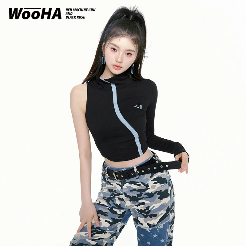 WooHa/吾哈春夏新款设计感单边长袖牛仔拼接纯欲T恤