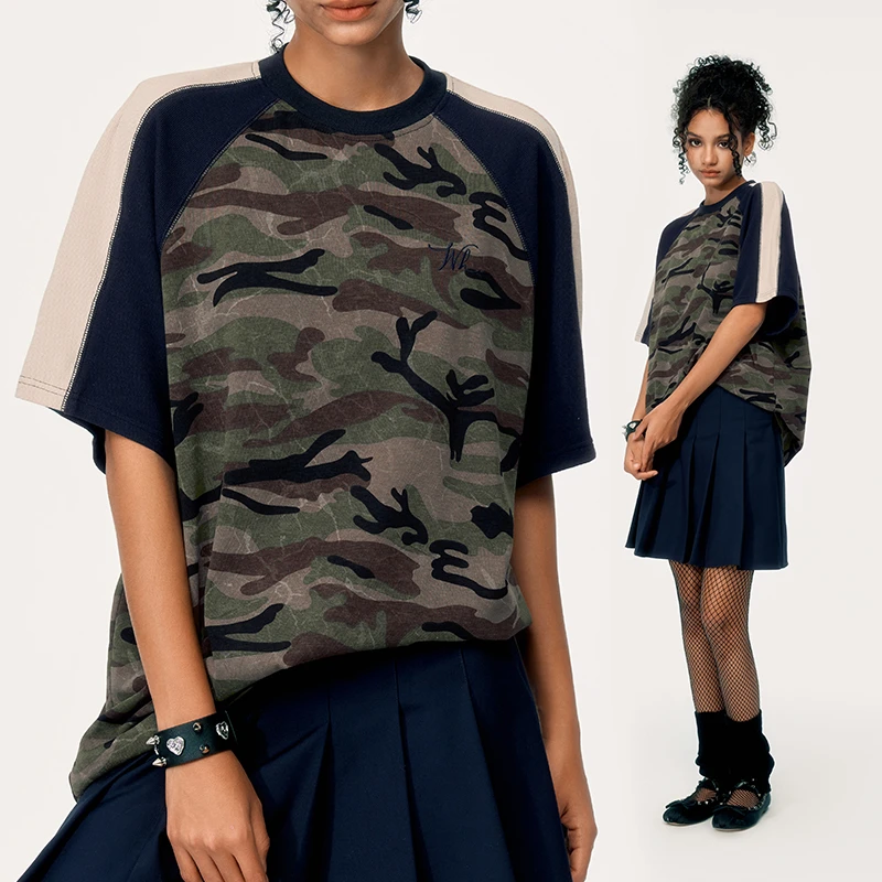 WooHa/吾哈2024夏季新款休闲复古宽松百搭插肩袖T恤