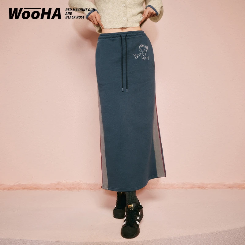 【9月新品】Wooha/吾哈×贝蒂联名气质修身开叉中长款拼接针织半裙
