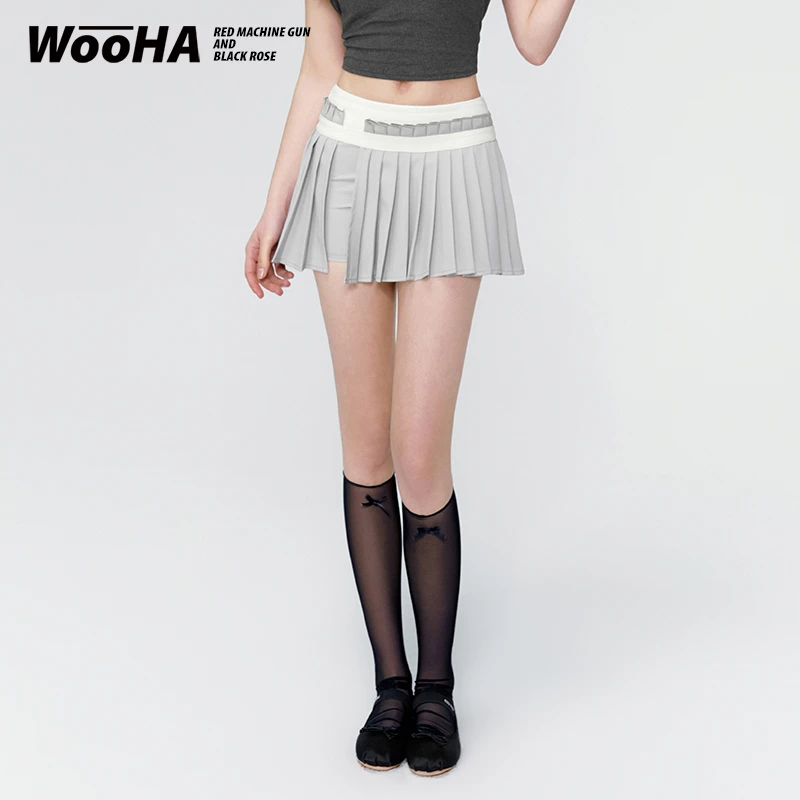 WOOHA2023夏新款低腰短裙芭蕾风少女开叉百褶半身裙显瘦半身裙