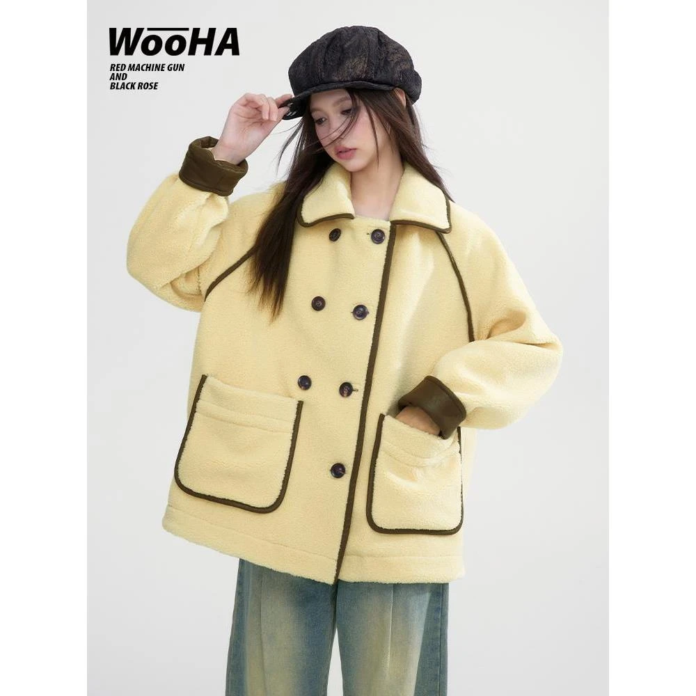 WooHa/吾哈冬季防风新款宽松慵懒韩系仿羊羔毛外套女