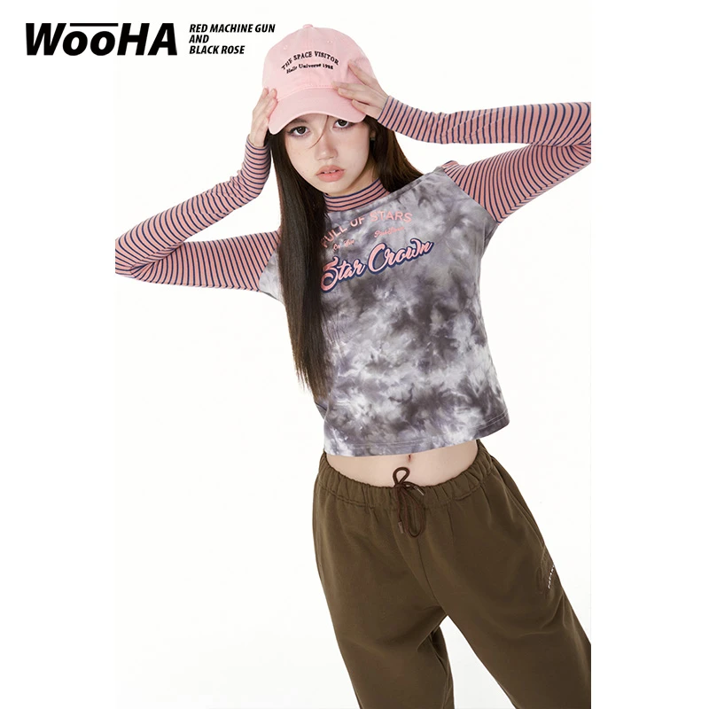 【粉丝福利】WooHa/吾哈2022冬季新款条纹拼接复古扎染打底衫女