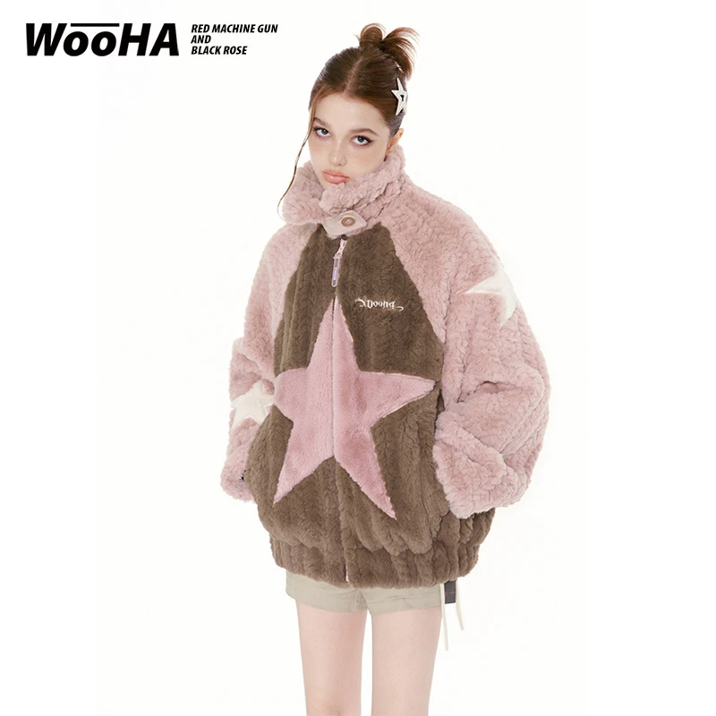 【粉丝福利】WooHa/吾哈秋冬羊羔绒立领撞色星星贴布少女感毛绒外套