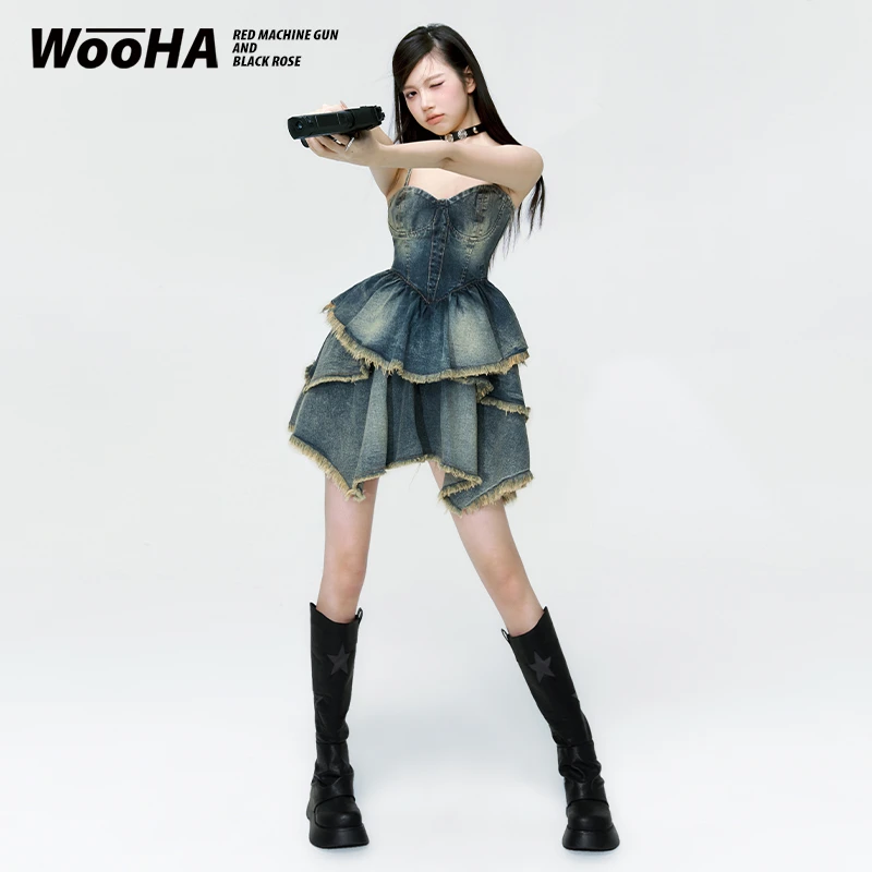 【新品】WooHa/吾哈2023新款复古牛仔蛋糕裙ABG辣妹吊带连衣裙女