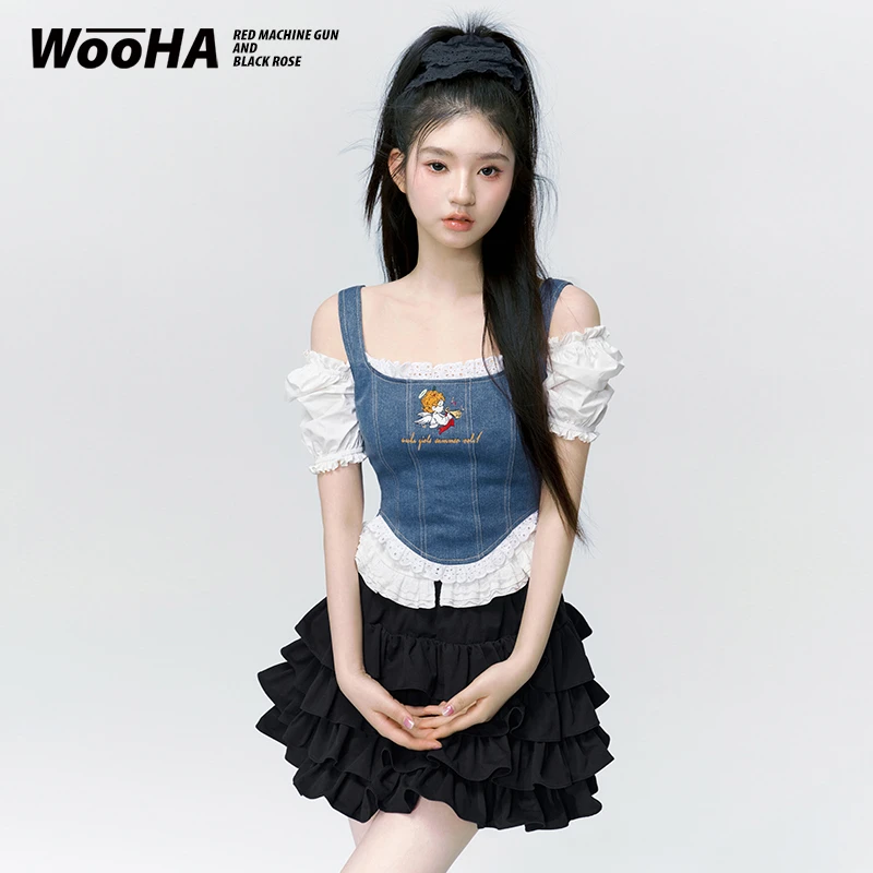 WooHa/吾哈2023夏季新款上衣复古方领甜美牛仔拼接衬衫女牛仔吊带
