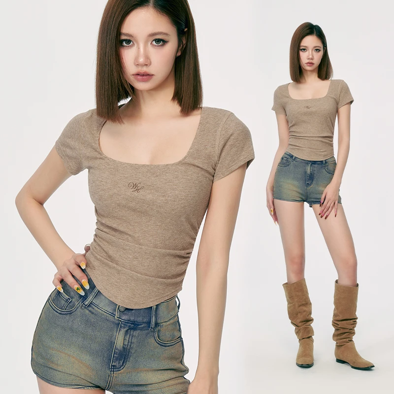 WooHa/吾哈S系列2024夏季新款美式复古方领短袖T恤女