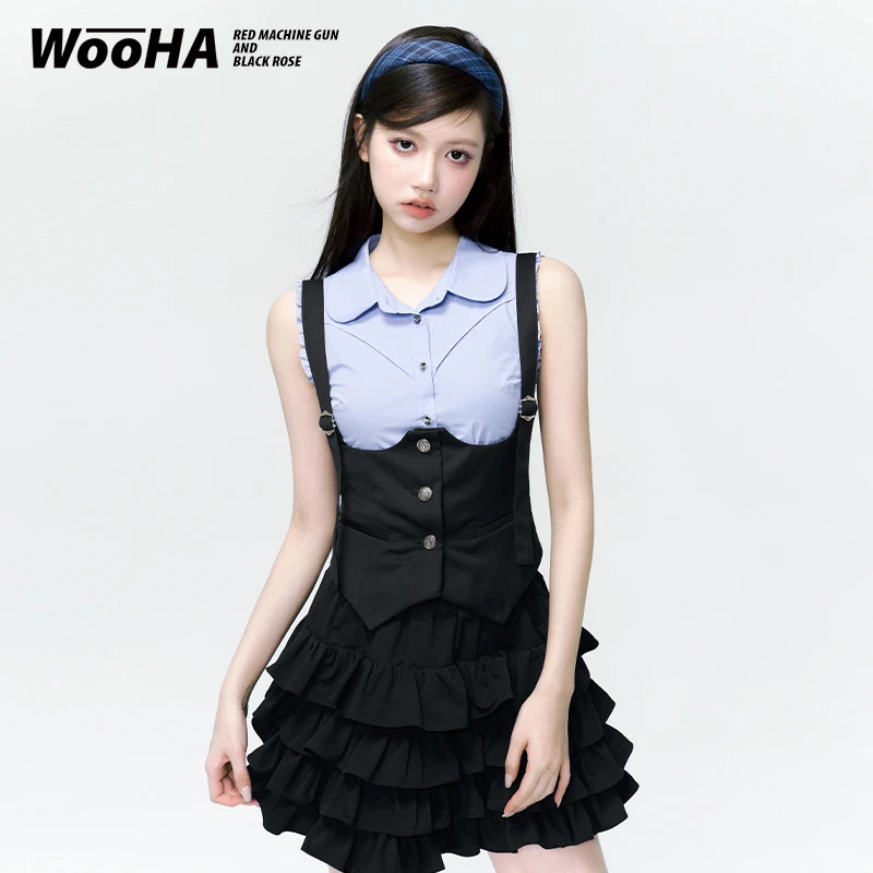 WooHa/吾哈2023新款学院甜辣衬衫收腰无袖马甲夏季蓬蓬短裙套装女
