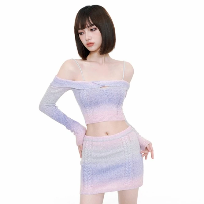 WooHa/吾哈性感渐变欧美辣妹夏季显瘦彩虹针织短裙套装W233095170