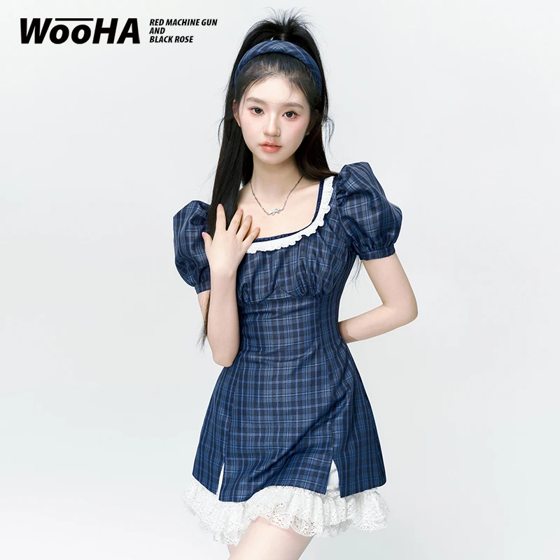 WooHa/吾哈2023夏季新款美式甜心蓝色格纹学院风连衣裙女