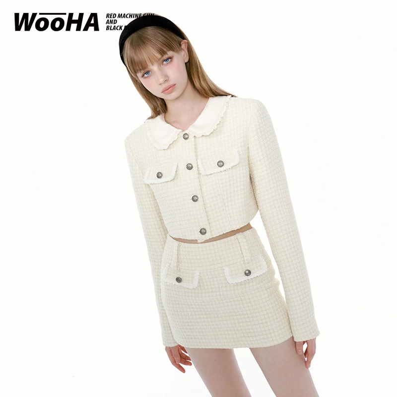 WooHa/吾哈复古学院甜美花边翻领小香风外套短裙套装