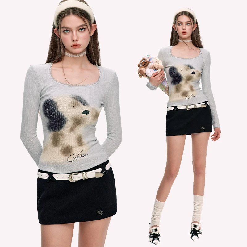 wooha 吾哈2024冬季新款S系列可爱动物印花长袖T恤