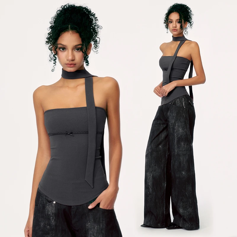 WooHa/吾哈夏季浪漫优雅花边抹胸上衣女