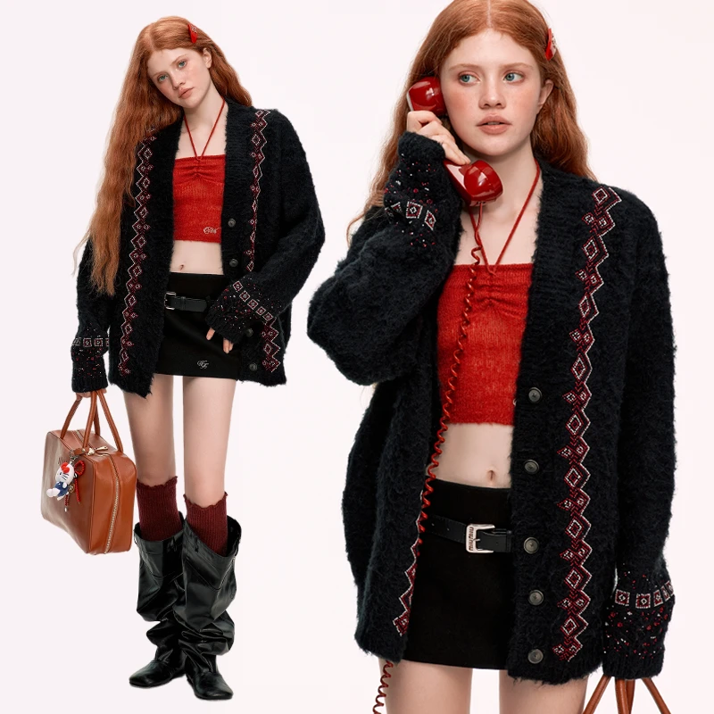 wooha 吾哈2024冬季新款宽松慵懒立体珠刺绣毛开衫