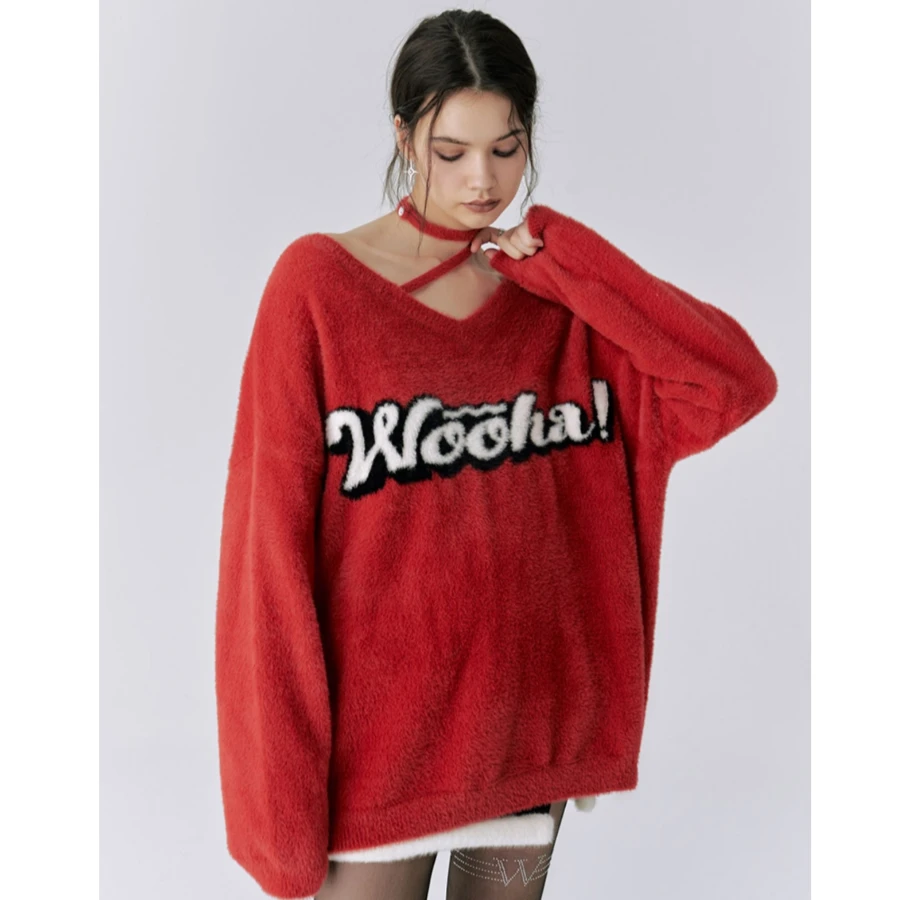 【粉丝福利】WooHa/吾哈冬季圆领仿貂毛针织慵懒风撞色V领毛衣棉服