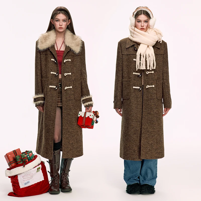 wooha 吾哈2024冬季新款复古可拆卸毛领牛角扣大衣