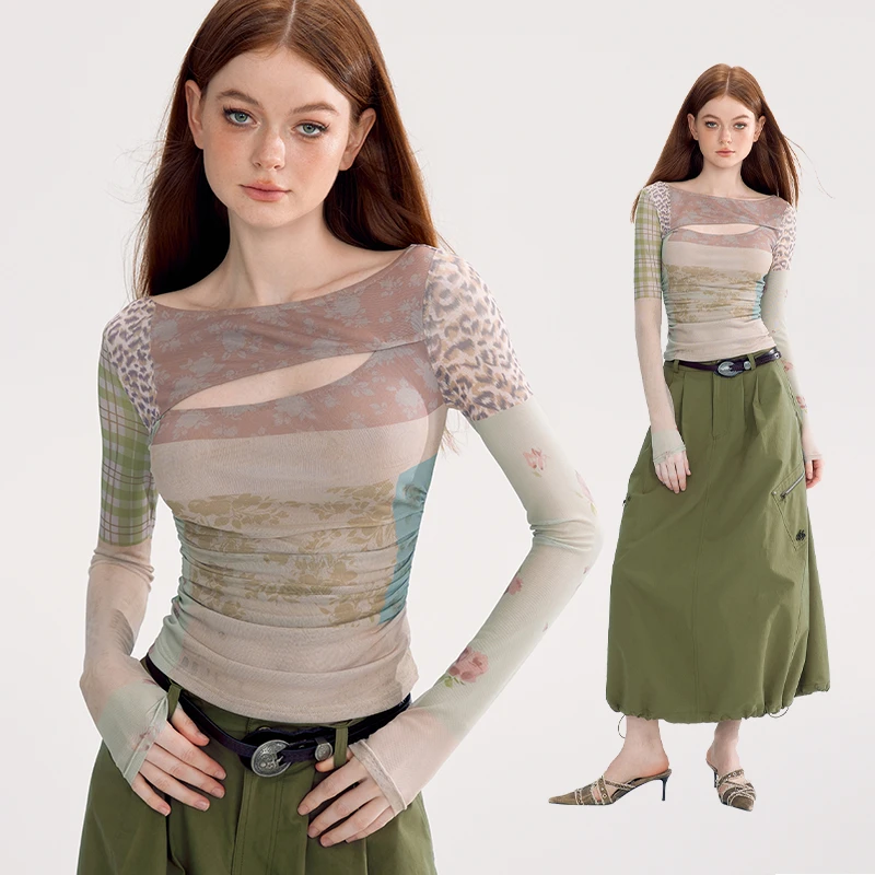 WooHa/吾哈2024秋季新款网纱印花长袖T恤设计感上衣