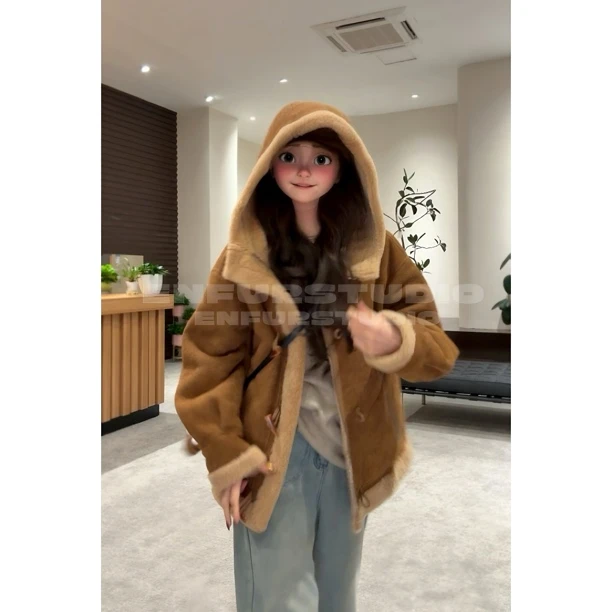 EN 2024/FW | 反绒牛角扣 磨砂水洗风皮毛一体皮草外套 GG77158