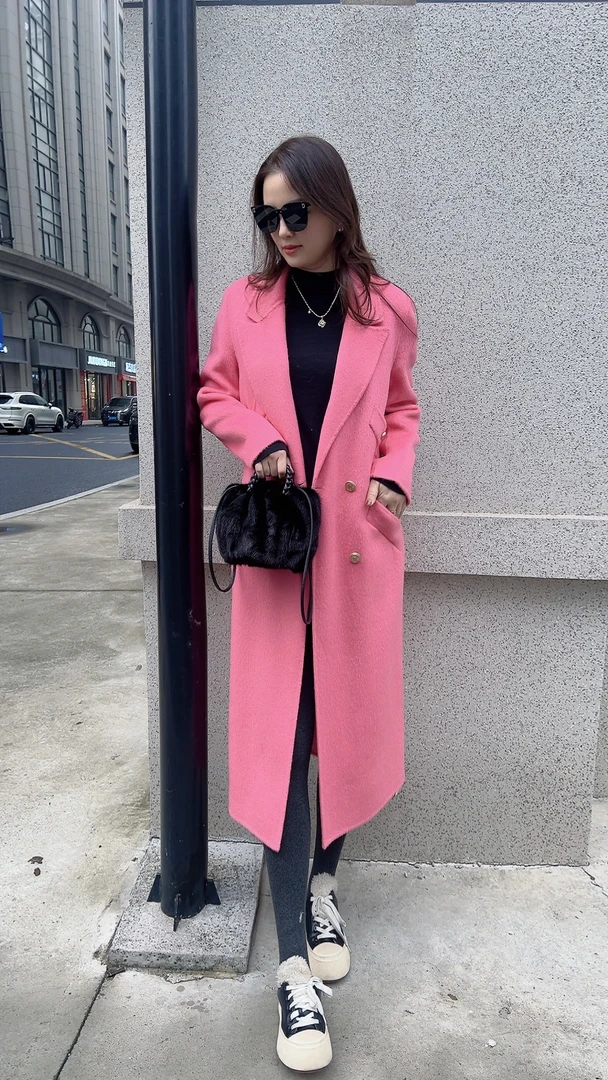 米兰时装周中长款显瘦显白名媛纯手工双面呢大衣高级质感时尚大衣