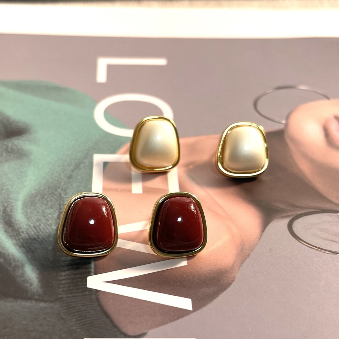 铜合金耳饰 法式梯形马蹄珠珠 简约气质轻奢耳钉耳饰