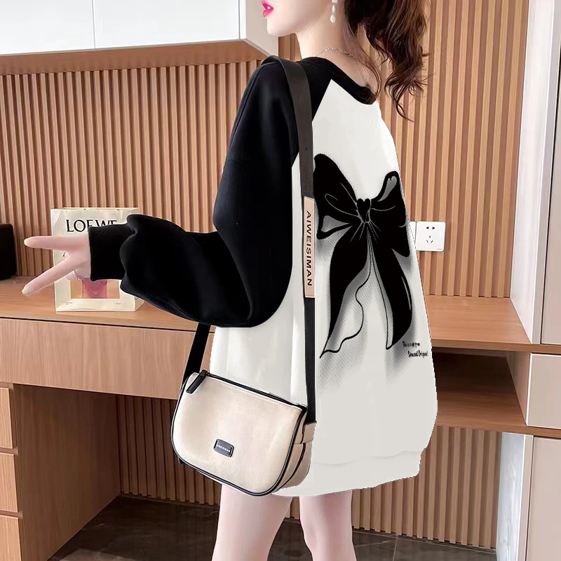 重磅圆领撞色卫衣女2025新款美式复古慵懒风秋冬加绒外套oversize