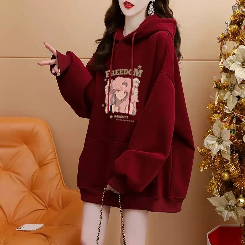 酒红色中长款连帽卫衣女加绒秋冬季减龄洋气宽松上衣潮牌休闲外套