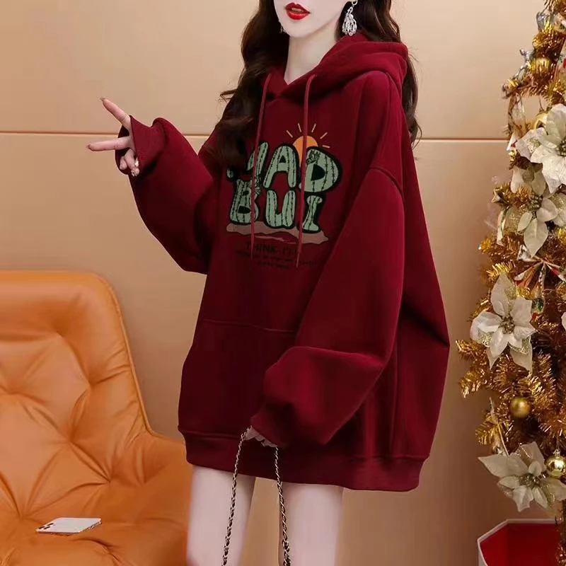 加绒加厚连帽卫衣女中长款2025新款秋冬季时尚洋气宽松设计感外套