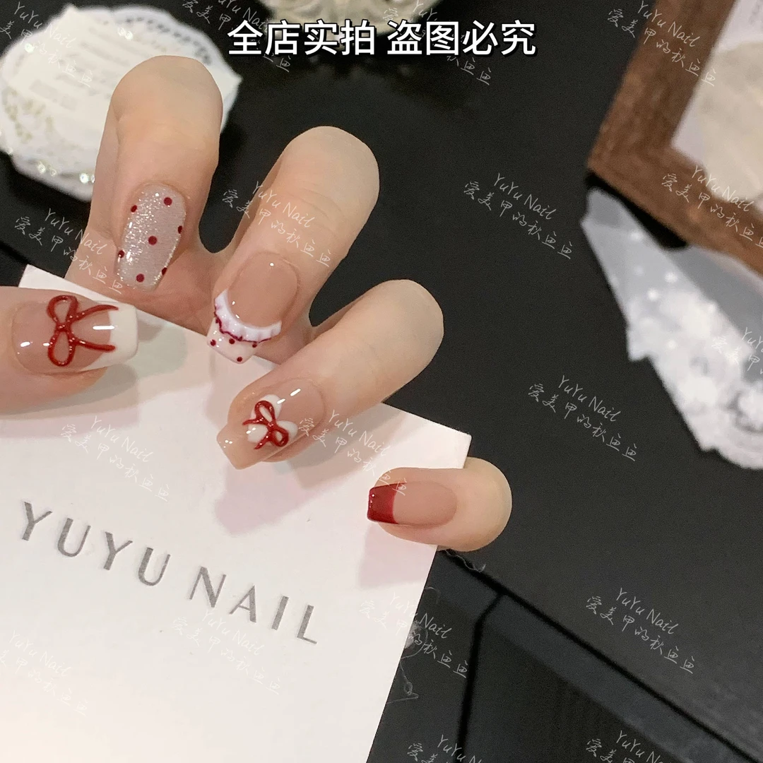现货YUYU -【脸红】 -手绘雕花蝴蝶结少女 -小众设计师手工穿戴甲