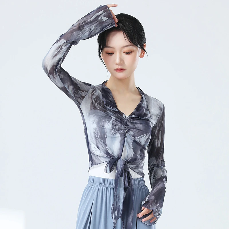 古典舞练功服女罩衫网纱成人防晒舞蹈服练功形体服现代舞瑜伽上衣