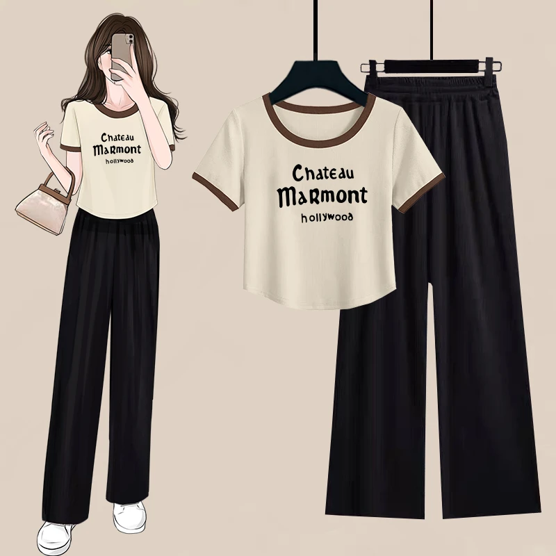 夏装时尚小个子穿搭一整套女甜辣短款撞色短袖上衣+阔腿裤两件套