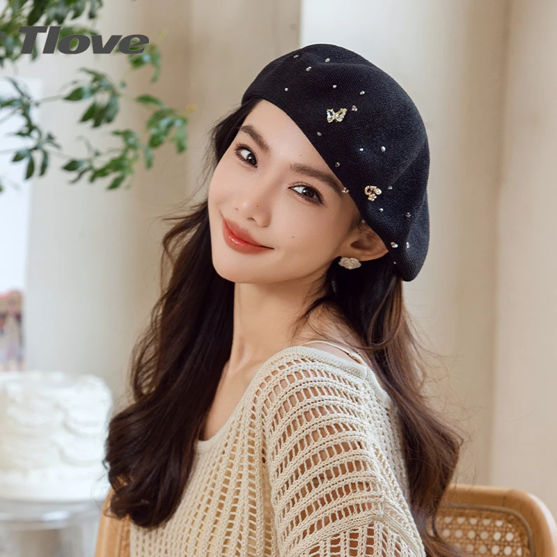 4746复古百搭时尚出游休闲魅力优雅气质精致女士镶钻和纸贝雷帽