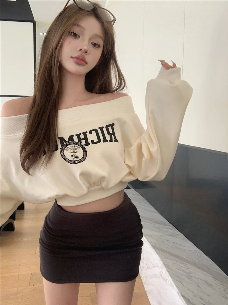 【允儿臻选】纯欲甜辣棉薄款美式宽松秋冬2025新款短款斜肩卫衣女