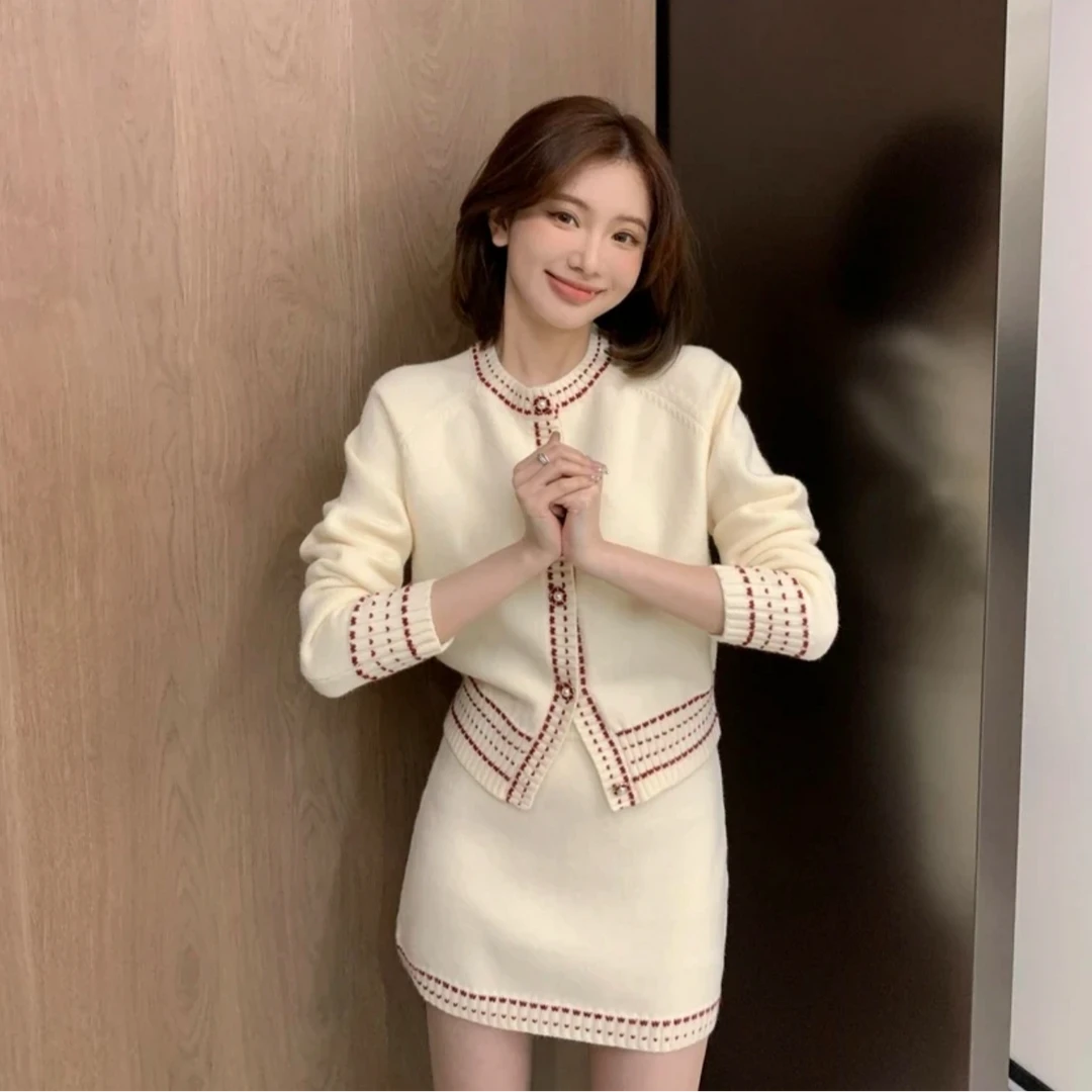 小香风白色针织两件套女春秋新款小个子穿搭一整套气质毛衣套装潮