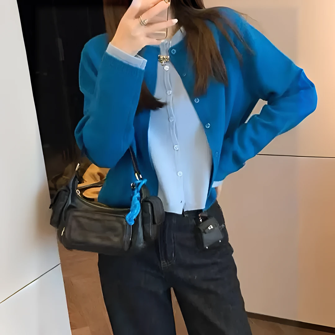 韩版时尚百搭网红气质多巴胺配色拼接圆领假两件长袖针织上衣