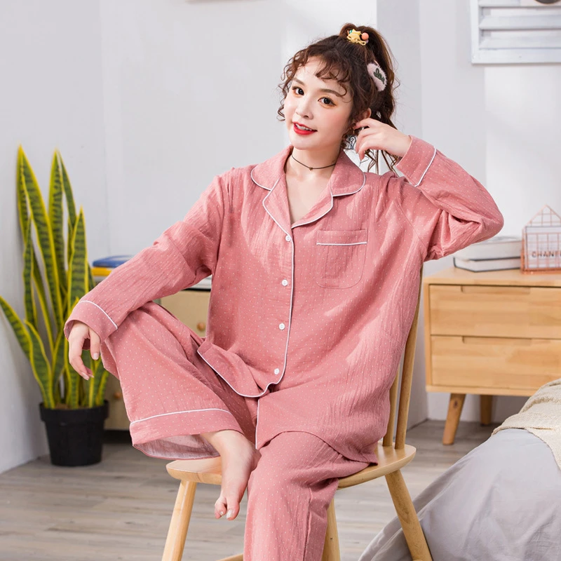 秋季大码纯棉家居服女士薄款纱布装长袖长裤胖妹妹翻领套印花睡衣