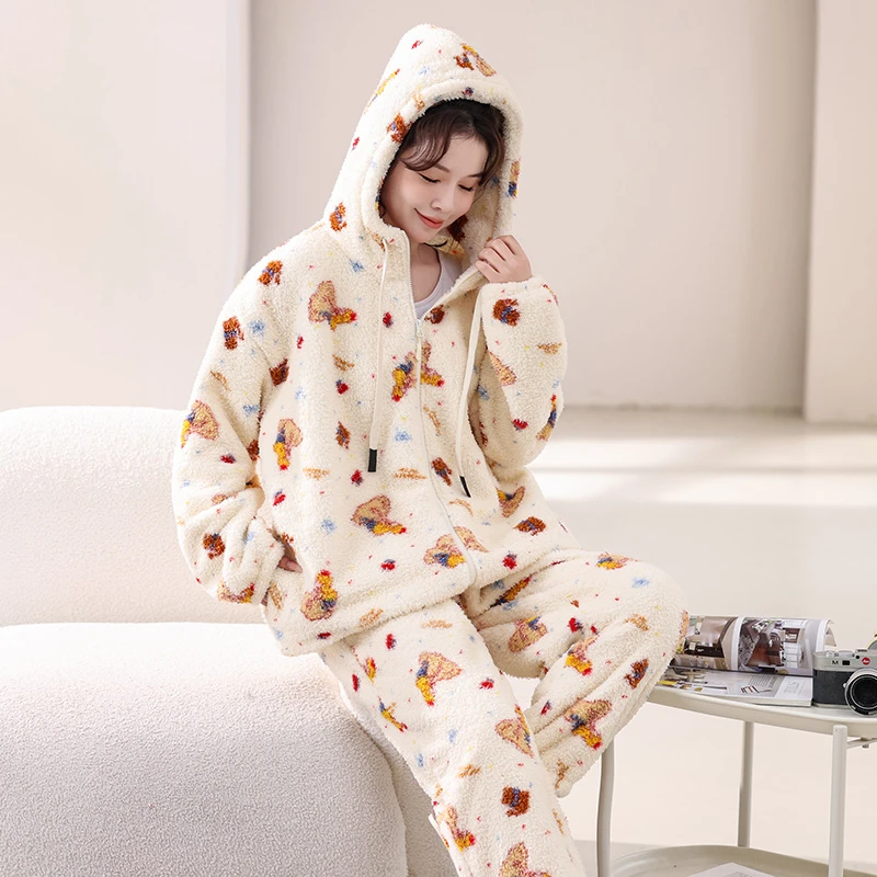 冬季大码保暖绒家居服拉链式卡通加厚绒保暖套装宽松情侣连帽睡衣