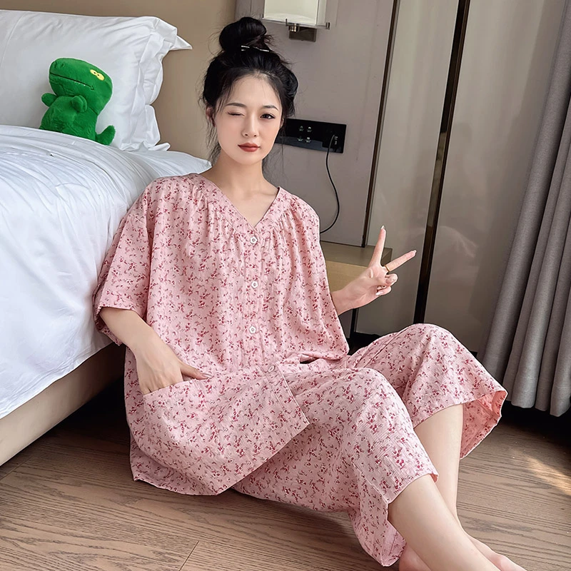 夏季大码纯棉睡衣女士薄款家居服胖mm200-300斤全棉短袖印花套装