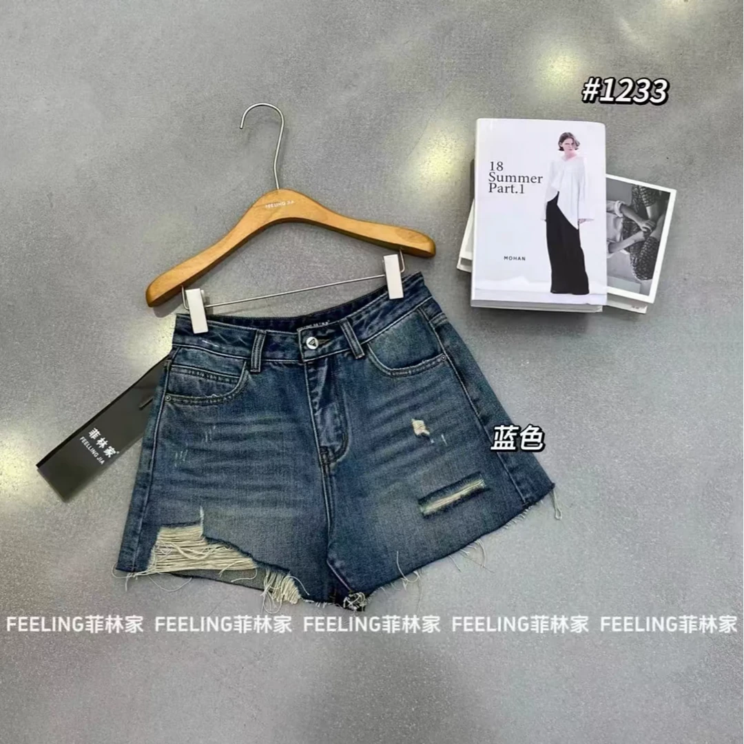 菲林家【马骝短裤】 牛仔磨破怀旧蓝短裤FL 1233