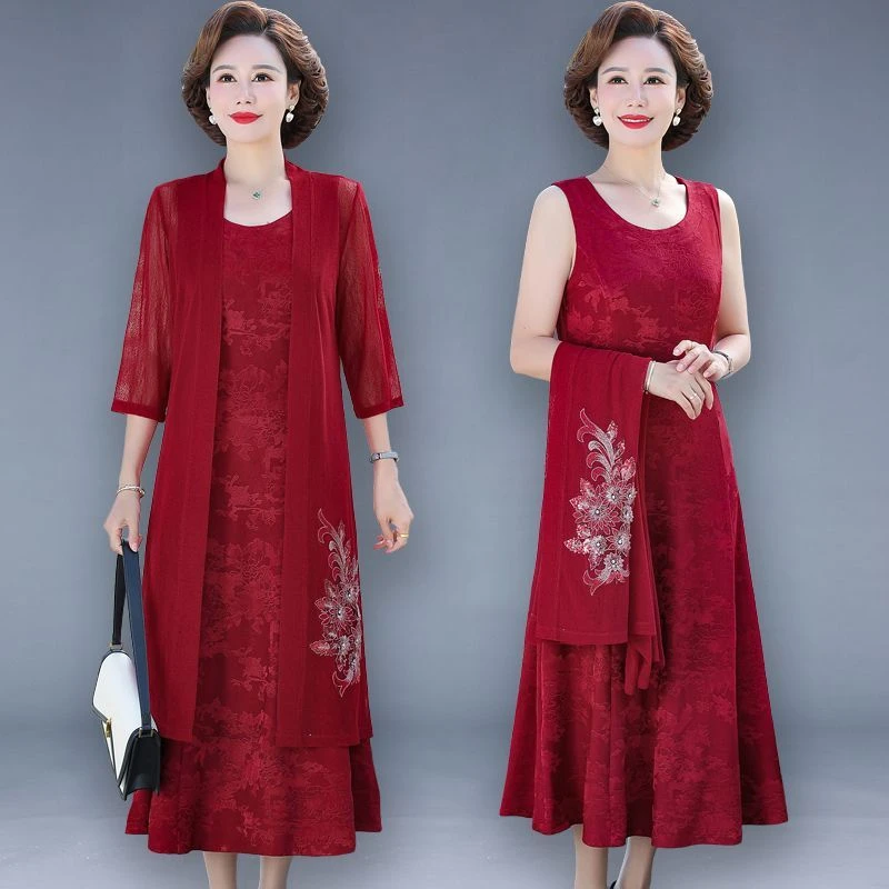 喜婆婆婚宴装两件套宽松大码婚礼妈妈装连衣裙高端大牌红色礼服春
